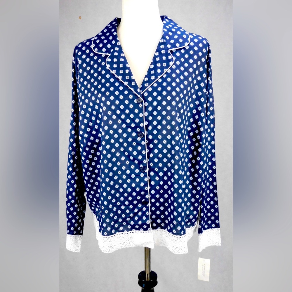 Charter Club  Mini Floral Geo Long Sleeve Pajama Sleep Shirt Blue Size 1x NWT